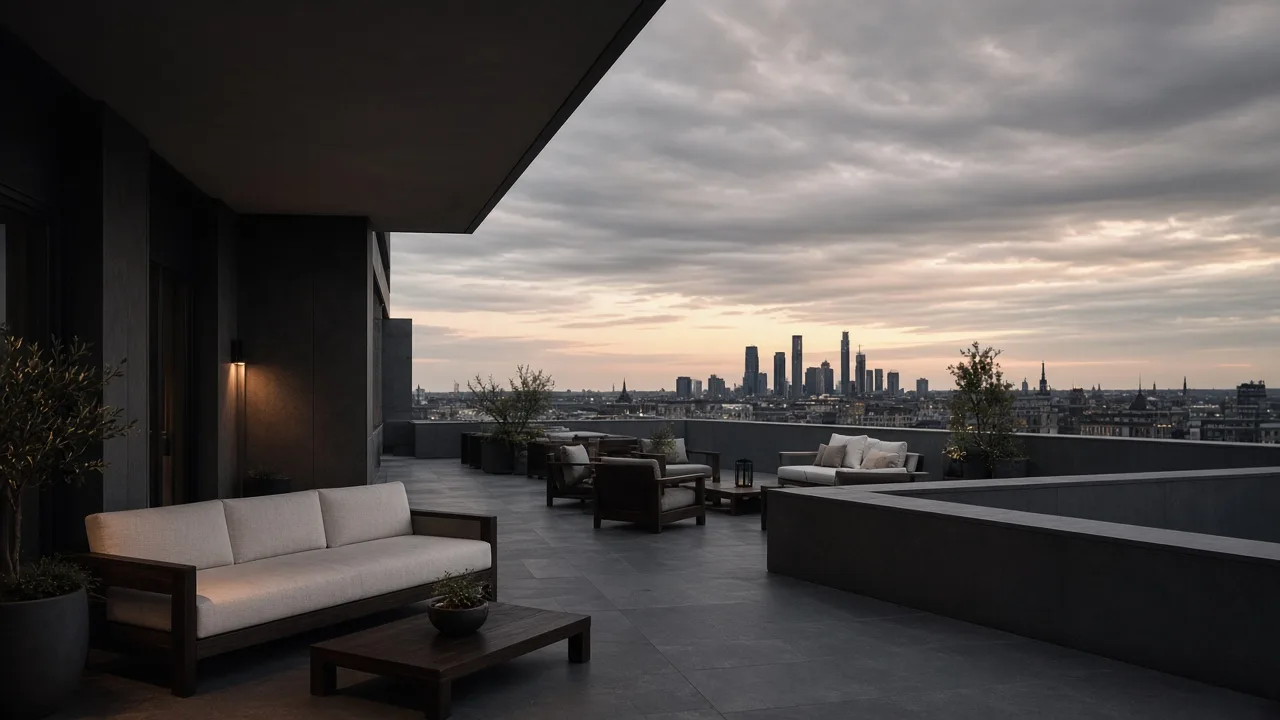 Rooftop terrace of Wexford Residence at soft sunset